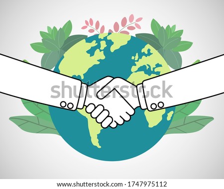 Two businessman shaking hands on green world icon. Business handshake for partner deal concept. agreement for our world. better world. earth day concept. Vector illustration