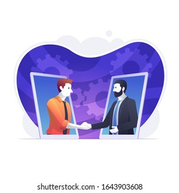 Dois empresários apertando as mãos no smartphone. Ilustração vetorial do conceito de negócio online. 