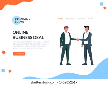 Two businessman shaking hands. Vector flat cartoon graphic design banner poster illustration