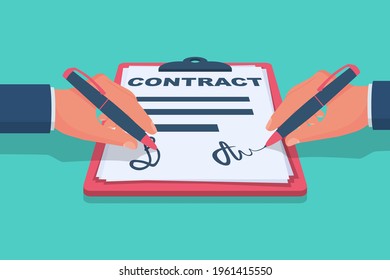Two businessman signs contract partner. Legal paper document with signature, stamp. Icon handshake on white sheet. Vector illustration flat design. Symbol of successful cooperation. Business concept.