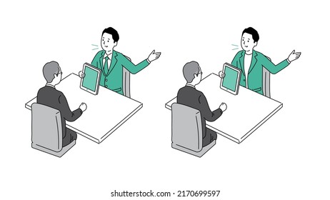 Two businessman sitting at the negotiating table,smiling,vector illustration