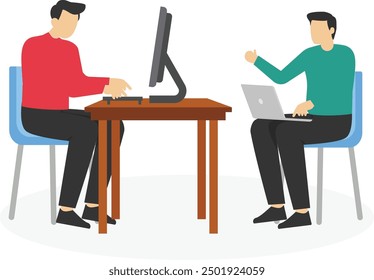 two businessman sitting on the desk discussing on white background, colleague teamwork meeting discussion corporate or job interview work, editable shape, object copy space for text.

