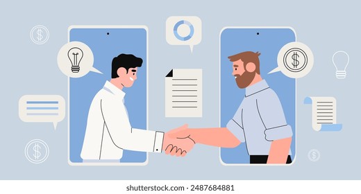 Two businessman in smartphone signing up contract and shake hands on meeting. New profitable project start up sponsored by investor. Busines concept of two male characters in mobile phones making deal