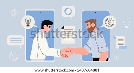 Two businessman in smartphone signing up contract and shake hands on meeting. New profitable project start up sponsored by investor. Busines concept of two male characters in mobile phones making deal
