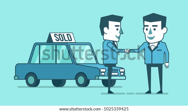 Two businessman stand in front of the car\
and make handshake. Car dealer. Buy, rent car concept. Simple style\
vector illustration