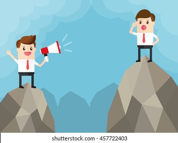 two businessman standing on top of mountain. manager listen to the sound of others with employee shouting through megaphone