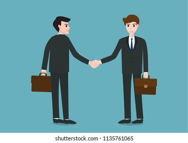 Two businessman standing and shaking hands with happy faces.Vector illustration.
