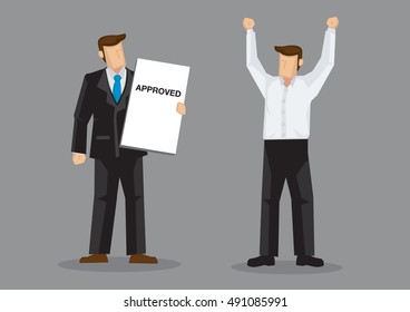 Two businessman standing together and one of them holding a document titled APPROVED. Cartoon vector illustration on business success concept.