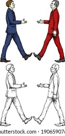Two businessman in suits approaching each other to shake hands in agreement. Hand drawn vector illustration. 
