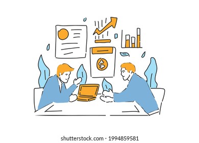 two businessman talk about contract drawn illustration