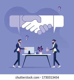 Two businessman talk to completed the deal with speech bubble shape hand shake-Business agreement concept