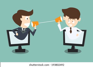 two businessman talking with cup telephone in computer via internet 