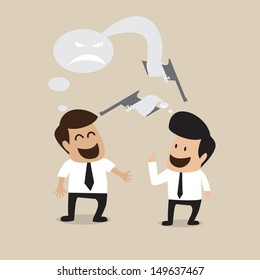 Two businessman are talking with smiling face but mischievous in