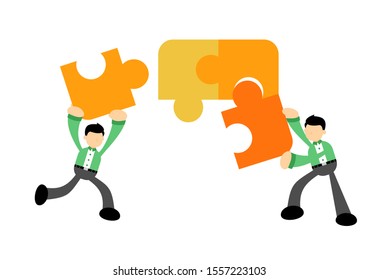two businessman teamwork puzzle solution cartoon doodle flat design style vector illustration 