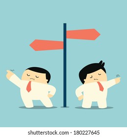 Dos empresarios que piensan de diferentes maneras insisten en su propia idea individual y señalan una dirección diferente. Piensen en un concepto diferente. 