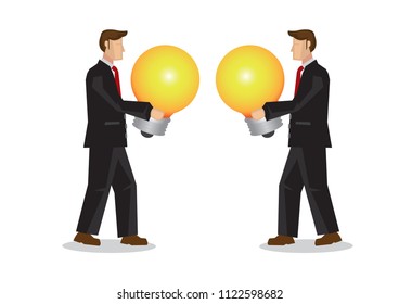 Two businessman trying to exchange their light bulbs. Concept of exchanging of ideas. Showing the advantage of being collaboration in the business world. Vector illustration.