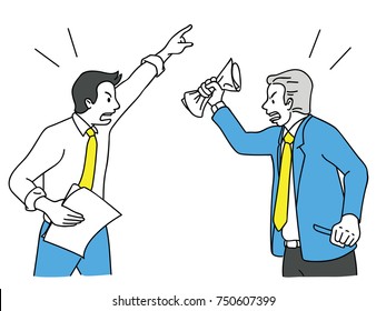 Two businessman turn face to face, arguing, fighting, yelling, shouting to each other, business concept in relationship problem in colleagues, coworkers, friends. Outline, linear, hand drawn sketch.