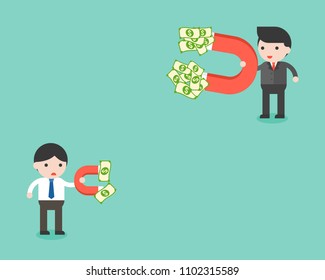 two businessman using magnet finding money, which have difference result, successful and wealthy concept
