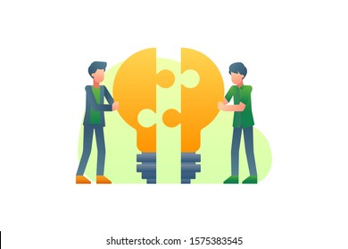 Two Businessman Working Together To Put A Puzzle Of Lightbulb Idea Vector Illustration Concept Background