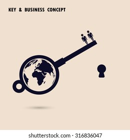 Two businessman with world key symbol. Global business solution concept. Flat design vector illustration