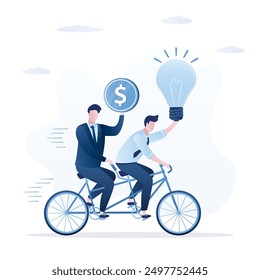 Dos bicis de dirección en tándem del hombre de negocios. Co-fundadores en bicicleta dual, nuevo proyecto, startup. Inversor con dinero y emprendedor con idea bulb. Metáfora de negocios de trabajo en equipo exitoso, liderazgo.