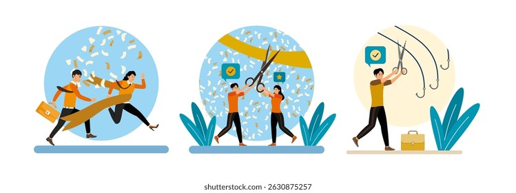 Two businessmen actively chasing the floating victory ribbon. Group of businesspeople cutting a ribbon together. Businessman uses scissors and cut off various fishing hooks. 