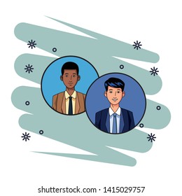two businessmen afroamerican wearing suit and smiling avatar cartoon character profile picture portrait in round icons with pop art background vector illustration graphic design