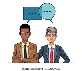 two businessmen afroamerican wearing suit and glasses avatar cartoon character profile picture portrait with speech bubble vector illustration graphic design