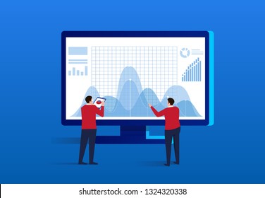 Two businessmen analyze data in front of computer screen