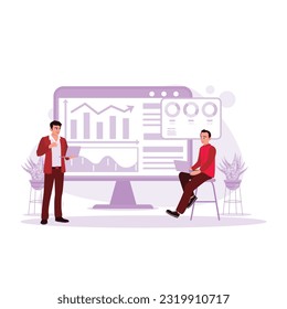 Two businessmen are analyzing arrow charts and business growth year by year. Trend Modern vector flat illustration.