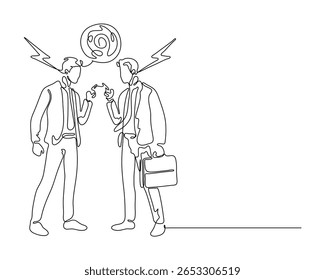 Dois homens de negócios discutindo com raios e símbolo do globo. Um desenho expressando o conceito de tensão e desacordo global.