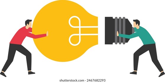 Dos hombres de negocios asocian la idea de una parte de bombilla. Estrategia de negocios, Ilustración vectorial de concepto de trabajo en equipo.

