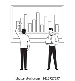 two businessmen avatar character with big data chart bar diagram icon cartoon in black and white vector illustration graphic design