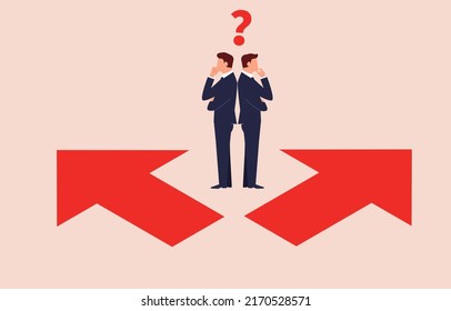 Two businessmen back to back thinking and deciding to choose left or right direction arrow sign
