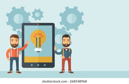 Two businessmen with beard standing while holding a big screen tablet with bulb icon a computer tablet perspective view strategy marketing. Business concept. A contemporary style with pastel palette