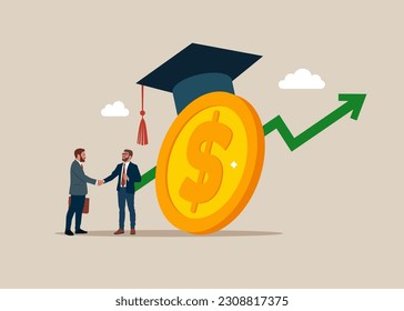 Two businessmen with big dollar coin wearing academic graduation mortarboard hat. Payment for education. Tuition fees, scholarship. Businessman student with diploma. MBA. Vector illustration svg