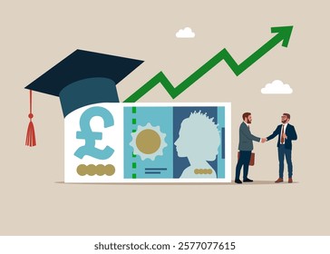 Two businessmen with big pound sterling banknote wearing academic graduation mortarboard hat. Payment for education. Tuition fees, scholarship. MBA. Pound sterling banknote. British money. Currency.