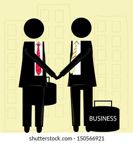 two businessmen with black suits and different ties talking