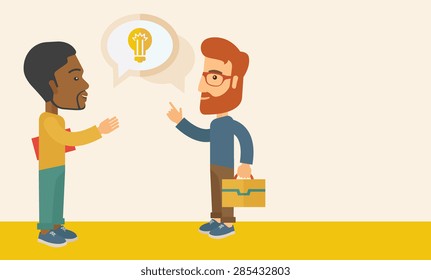 A two businessmen black and white american exchanging ideas of what project they want to put up. Business plan concept. A Contemporary style with pastel palette, soft beige tinted background. Vector