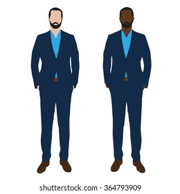 Two businessmen in blue suits, vector illustrations. Two men with different skin color. Flat graphic style