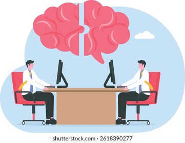 Two businessmen brain Communication, idea, knowledge, teamwork and education concept. Flat design

