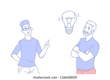 two businessmen brainstorming light lamp new idea concept business man inspiration creative innovation successful teamwork startup male character portrait horizontal sketch doodle vector illustration
