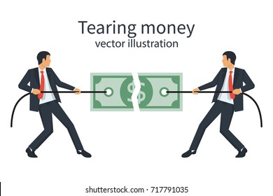 Two businessmen break a dollar bill with rope. Tearing money. Conflict businessmen, concept. Torn in half banknote. Vector illustration flat design. Isolated on white background. Financial crisis.
