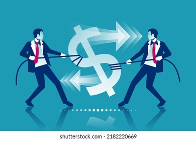 Two Businessmen Break Sing Dollar Bill With Rope. Tearing Money. Divide Finance. Conflict Concept. Torn In Half. Vector Illustration Flat Design. Isolated On White Background. Financial Crisis.