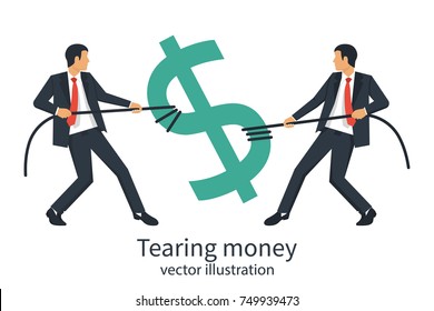 Two businessmen break sing dollar bill with rope. Tearing money. Divide finance. Conflict concept. Torn in half. Vector illustration flat design. Isolated on white background. Financial crisis.