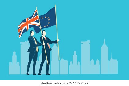 Two Businessmen with British and European flags representing working collaborating, developing, achieving, future together concept 