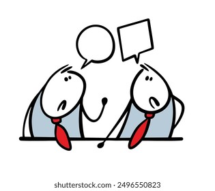 Two businessmen in business suits are sitting at a table and arguing. Vector illustration colleagues in the office cannot solve a difficult task and do not understand each other. Unhappy cartoon guys.