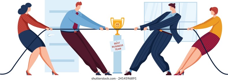 Two businessmen and two businesswomen playing tug of war with a trophy. Team competition and goal achievement in office setting vector illustration.