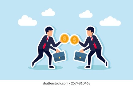 Two businessmen carry dollar coins and intend to exchange them, illustration of sharing investments for a company's capital