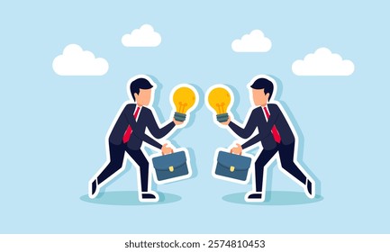 Two businessmen carry lamps and intend to exchange them, illustration of sharing and exchanging business ideas